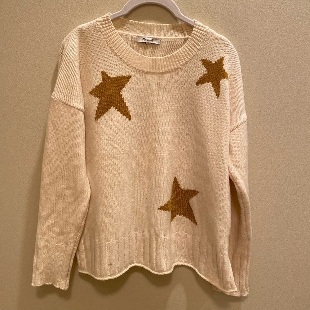 Madewell Cream Merino Wool Boxy L/S Gold Star Sweater Size SMALL *Small Flaw